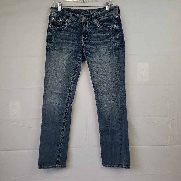 Miss Me Womens Easy Cropped Straight Leg Jeans Blue Thick Stitch Embellished 27 - Picture 6 of 13